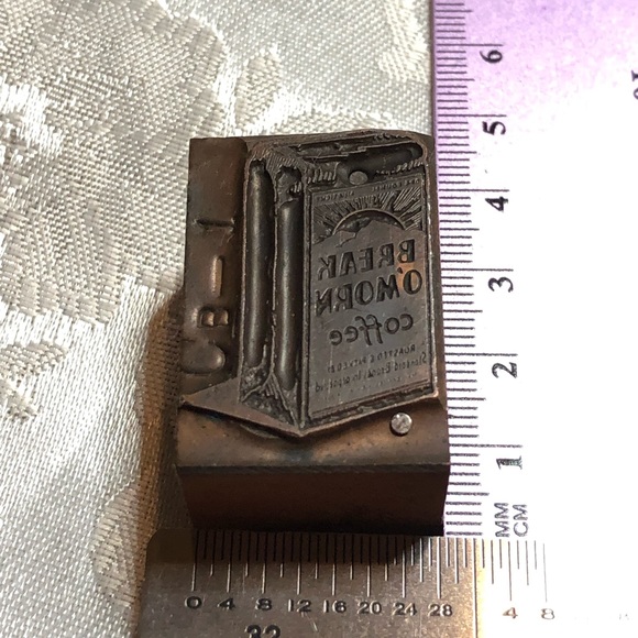 Antique Wooden Print Block Copper Coffee Break O’Morn Ad - Picture 2 of 5